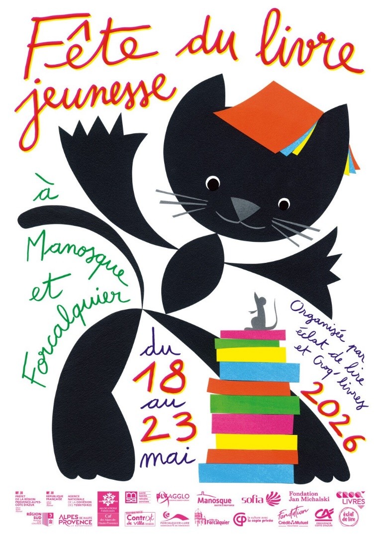 Affiche fête du livre jeunesse 2026 Manosque et Forcalquier